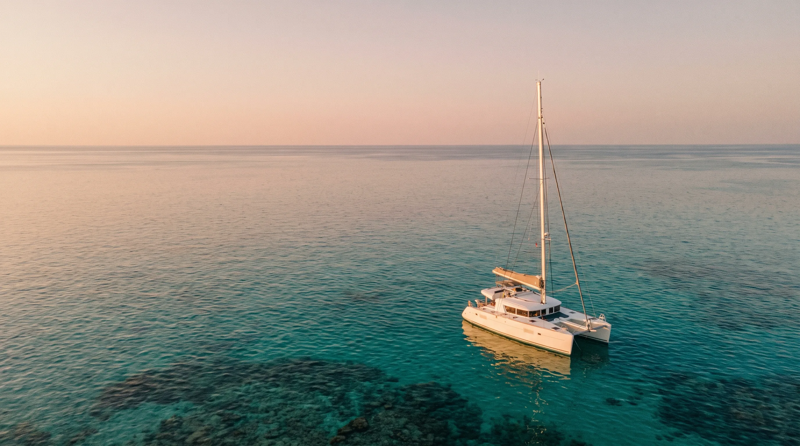 A catamaran on turquoise water at sunset, an atmospheric travel illustration